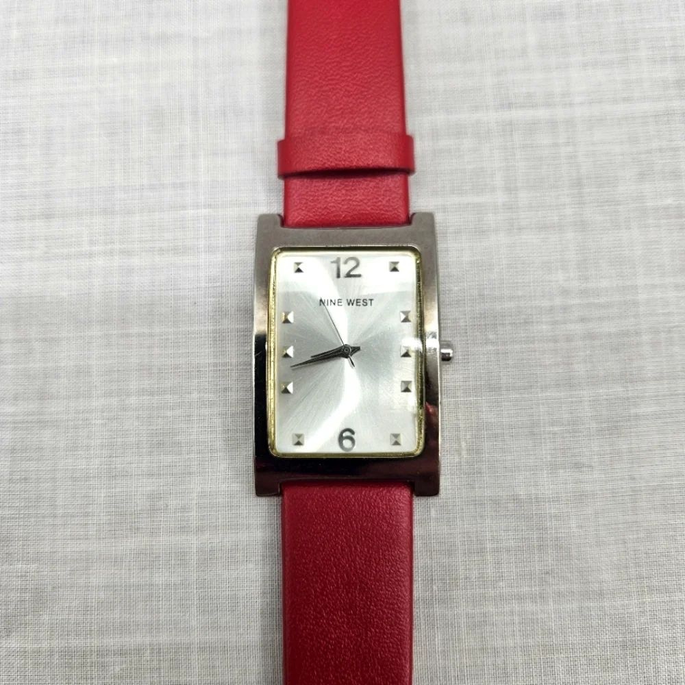 Nine‎ West Womens Watch Red Leather Strap Silver Rectangular Dial Needs Battery